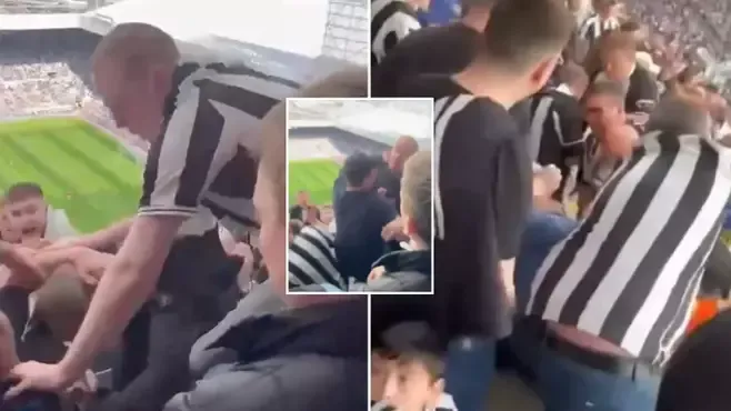 WATCH: Arsenal fan sitting in home stand at St. James Park gets into massive fight with Newcastle fans