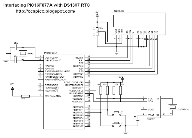 Interfacing PIC16F877A microcontroller with DS1307 real time clock RTC circuit CCS PIC C