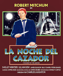 LA NOCHE DEL CAZADOR. España. Carátula. Autor: T. Calderón. LA NOCHE DEL CAZADOR. The Night of the Hunter. 1955. Estados Unidos. Dirección: Charles Laughton. Reparto: Robert Mitchum, Billy Chapin, Sally Ann Bruce, Shelley Winters, Lillian Gish, Peter Graves, Evelyn Varden, James Gleason, Don Beddoe, Gloria Castillo.