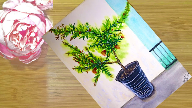 How to draw a watercolor little pomegranate tree step by step tutorial for beginner