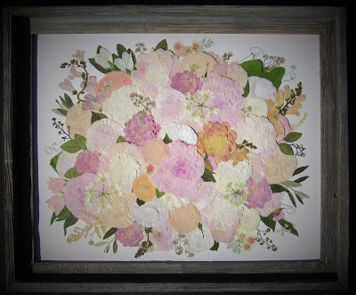 Pressed Flower Art created from a pastel, lush bridal bouquet