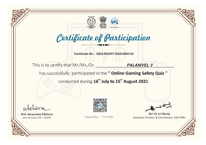 Certificate of participation | Online Gaming Safety Quiz | NCERT & ISEA |