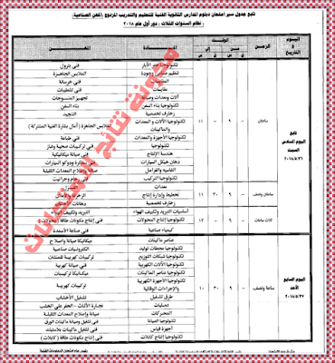 جدول امتحانات شهادة الدبلوم الفنى الثانوى الفندقى 2018 جداول الدبلومات الفنية