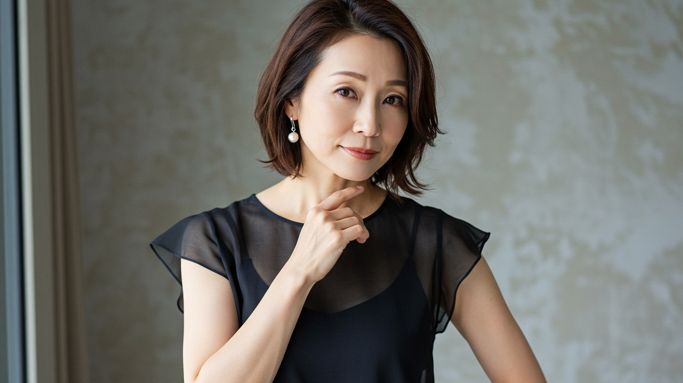 室内で黒いシースルーブラウスを着たおばさん