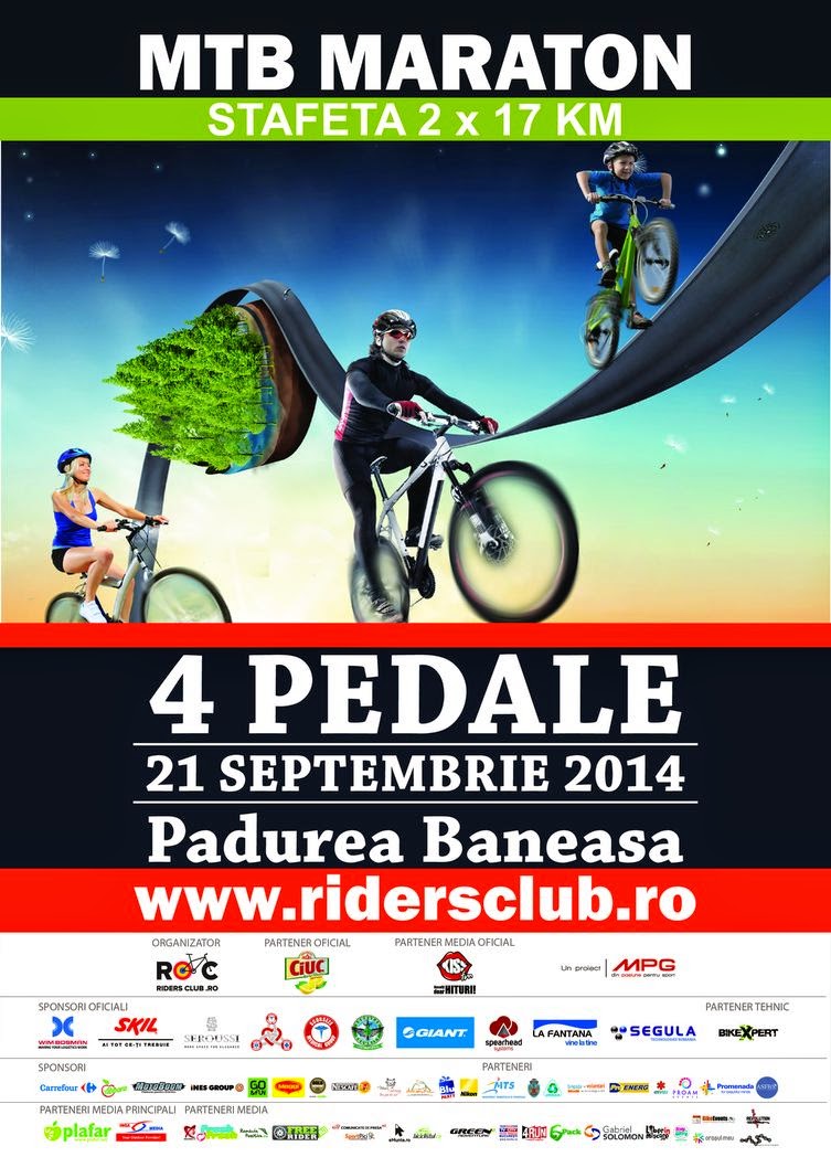 Invitaţie la competiţia de ciclism în natură "4 Pedale". 21 septembrie, pădurea Băneasa, Bucureşti. Afiş