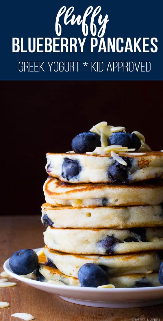 Blueberry Almond Pancakes are made with Greek yogurt to make them extra fluffy! The perfect healthy breakfast that kids will love. #sweetpeasandsaffron #breakfast #healthy #pancakes