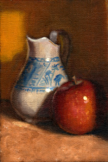 Oil painting of a blue and white porcelain jug beside a red apple.