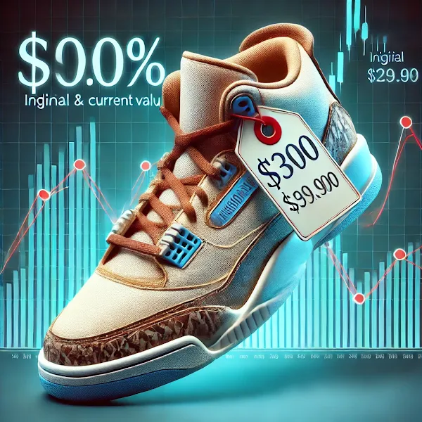 An image representing the investment aspect of collectible sneakers, showing a rare sneaker with a price tag showing its initial and current value.