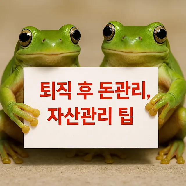 두 마리 귀여운 청개구리가 "퇴직 후 돈관리, 자산관리 팁"이라는 빨간 글씨가 적힌 스케치북을 들고 있는 모습.