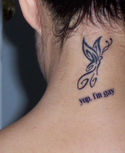 I love this neck butterfly tattoo design and love the verse Yup i'm gay 