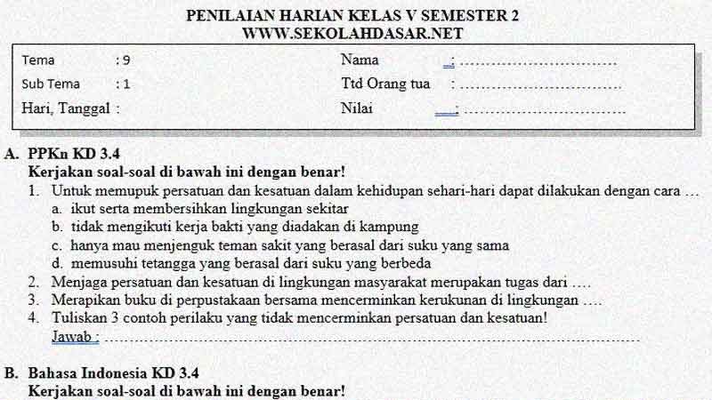 Soal Penilaian Kelas 5 Tema 9 Subtema 1 Benda Tunggal