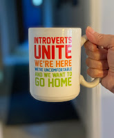 A mug that reads, "Introverts UNITE. We're here. We're uncomfortable, and we want to go home."