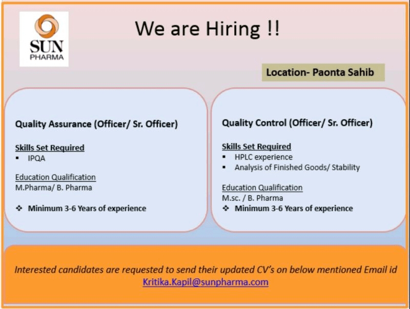 Job Available's for Sun Pharma Job Vacancy for M Pharm/ B Pharm/ MSc