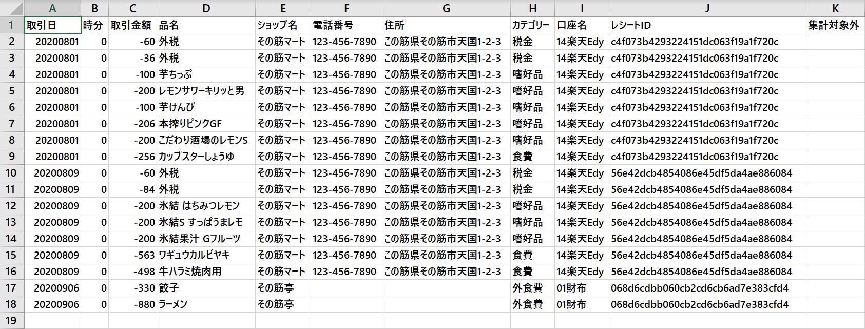 Dr.Walletからエクスポートしたデータの例