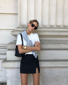 A Sweater Can Be Your Perfect Summer Accessory—@jessalizzi in a Polo Tee and Black Mini Skirt