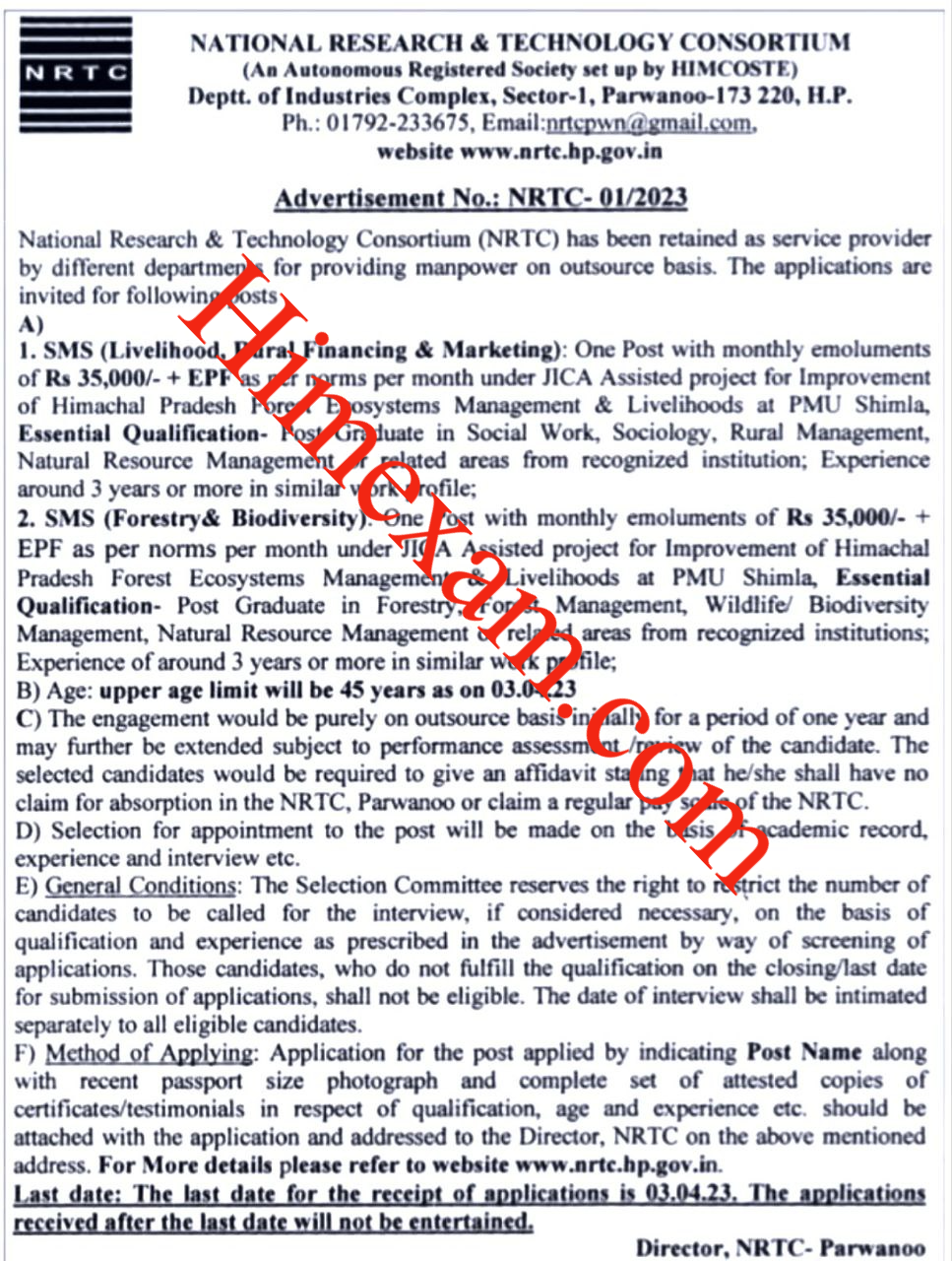 NRTC Parwanoo Subject Matter Specialist( SMS) Recruitment 2023