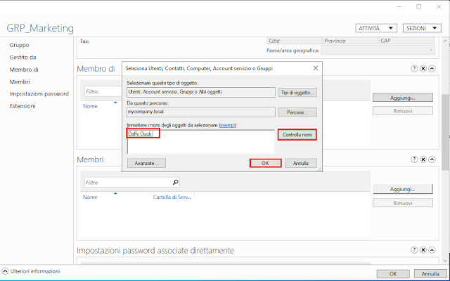 Seleziona Utenti, Contatti, Computer, Account servizio o Gruppi