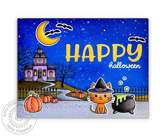 Sunny Studio Blog: Halloween Card (using Fall Scenes, Scaredy Cat, Bewitching & Too Cute To Spook Stamps)