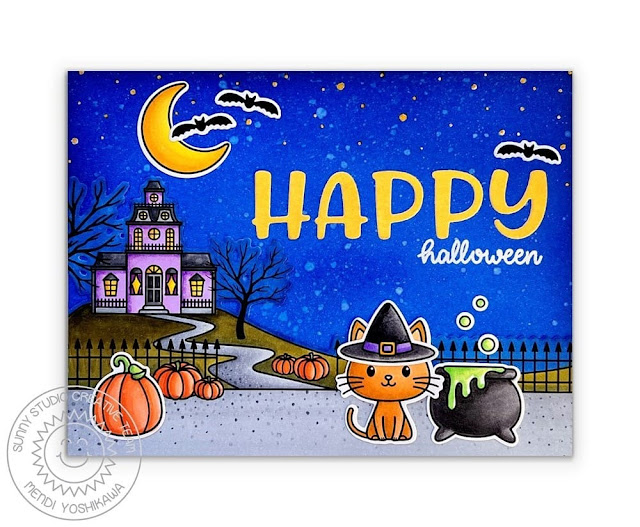 Sunny Studio Blog: Halloween Card (using Fall Scenes, Scaredy Cat, Bewitching & Too Cute To Spook Stamps)