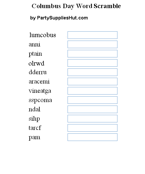 This is another easy Columbus Day word scramble for kids and adults. This can be a great entertainment for a stressful Monday.