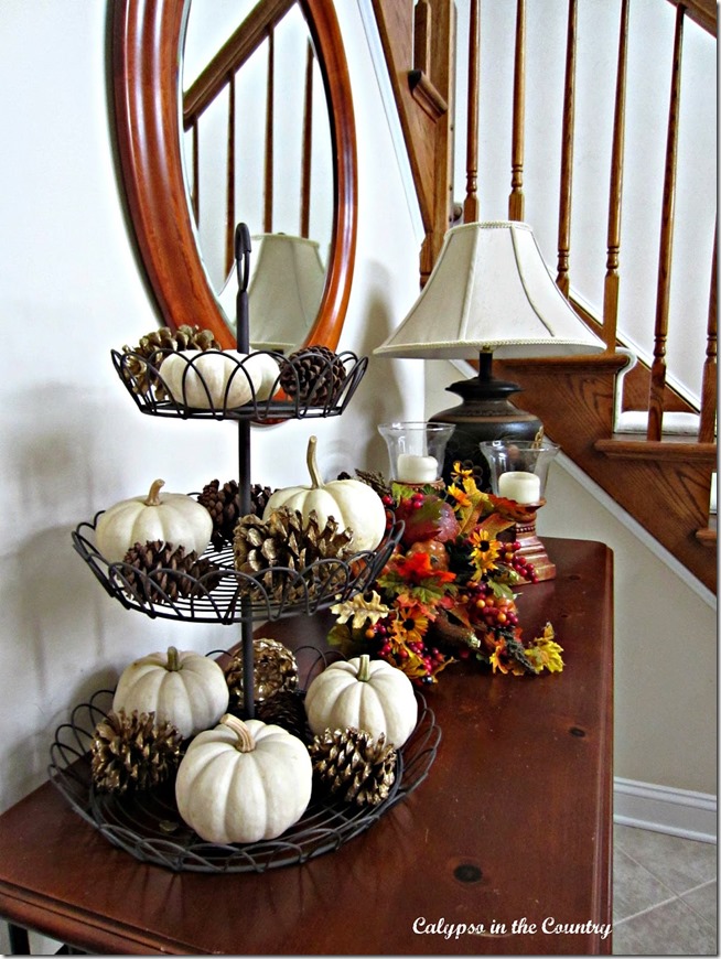 Tiered Tray Feature White-pumpkins-and-pine-cones