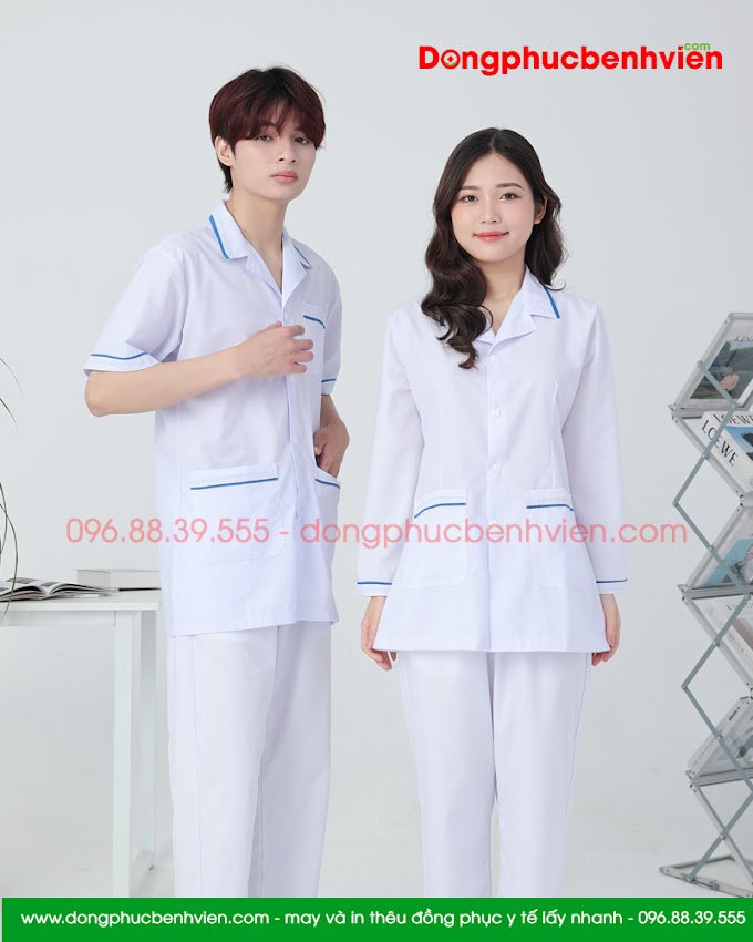 Áo blouse trắng nam nữ cộc tay, dài tay - áo blouse có viền xanh dương