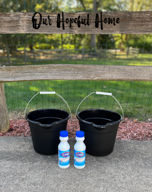 two black buckets two bottles Clorox Bleach in driveway