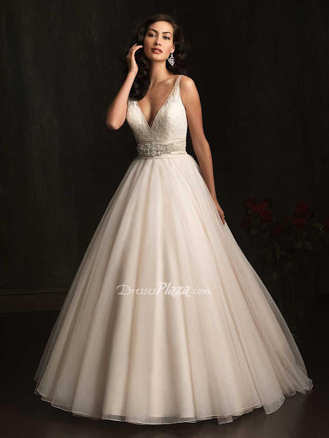 Ball Gown Deep V-neck V-back Sheer Straps Lace Bodice Wedding Dress