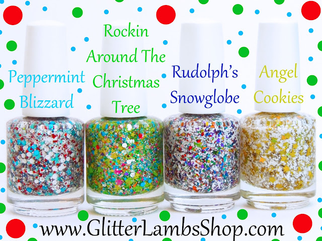 Christmas custom handmade indie lacquer. Peppermint blizzard, Rockin around the Christmas tree, Rudolph's Snowglobe, Angel Cookies. 