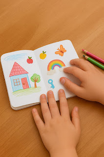 A child’s hands are seen decorating a handmade storybook with colorful stickers and crayon drawings. The open notebook shows a red-roofed house, a tree, butterflies, and a bunny holding a carrot, along with flower and duck stickers. Three crayons rest on the wooden table nearby.