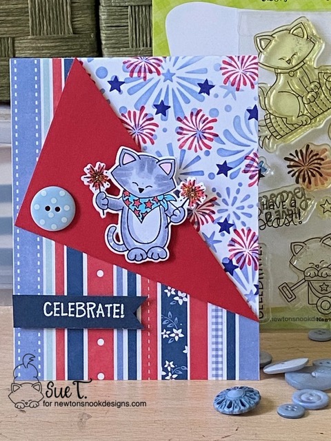 Celebrate by Sue features Fireworks and Newton's 4th of July by Newton's Nook Designs; #inkypaws, #newtonsnook, #4thofjulycards, #cardmaking, #catcards