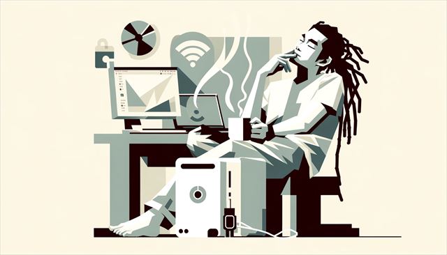 An abstract minimalistic illustration of a casual Japanese man with dreadlocks, reflecting a day of relaxed contemplation. The scene includes an abstract representation of a desktop PC with Ubuntu and a non-compatible Wi-Fi adapter, symbolizing his technological challenges. The man is depicted in a relaxed, contemplative pose, possibly with a cup of coffee or tea, embodying his 'take it easy' attitude for the day. The background is very sparse, using minimal shapes and colors to convey a sense of calm and introspection. The illustration captures his mood of taking a break and reflecting on the importance of not rushing things.