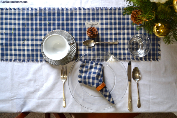 Flashback Summer: January Vintage Table Setting - pinecones, navy plaid