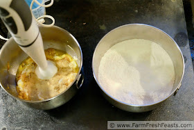 wet and dry ingredients for golden beet muffins ready to be combined