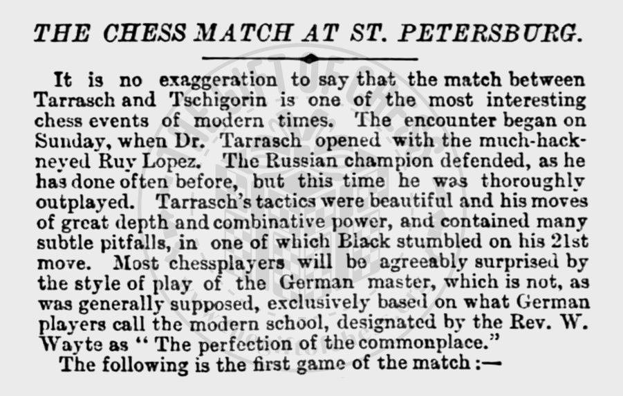 1893, Siegbert Tarrasch vs. Mikhail Tschigorin, Saint Petersburg