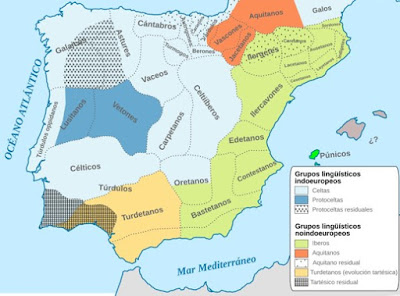 Mapa de la península con los distintos pueblos que la ocupaban, entre otros, en el centro de la península, los carpetanos, que se extendían por la mitad oriental de la meseta sur, entre celtíberos al este, vettones al oeste, vacceos al norte y oretanos al sur.