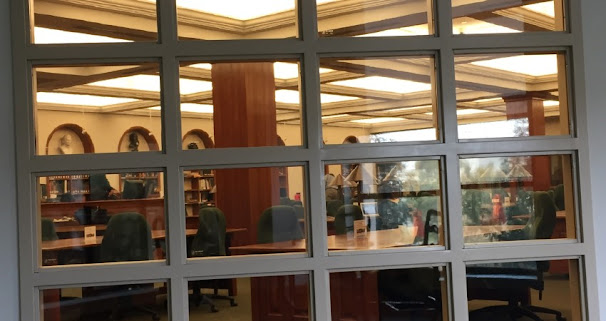 Huntington Library interior seen through a glass door