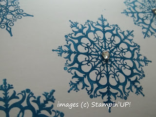 Close-up of the Rhinestones on a One-layer Card made with Stampin'UP!'s Snowflake Soiree Stamp Set.