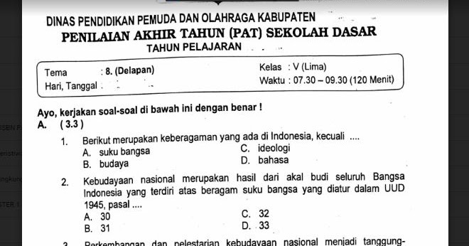  Soal  Ulangan  Kelas  5  Tema 8 Kurikulum  2019