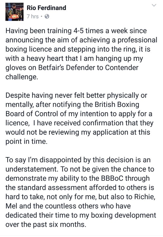 Rio Ferdinand Hangs Boxing Gloves Denied Professional Licence News Fashion Celebrity