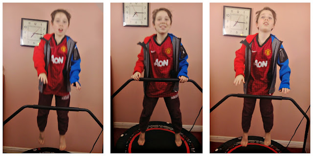 Collage of images of a child bouncing on a rebounder