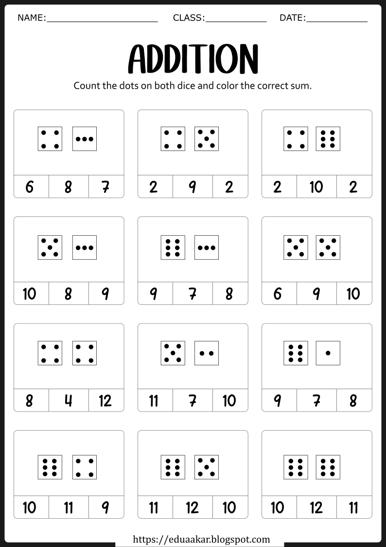 Dice Dot Addition Worksheets