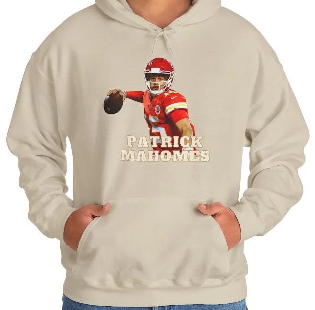 A Hoodie With NFL Player Patrick Mahomes Holding The Duke in Right Hand About to Throw and His Name