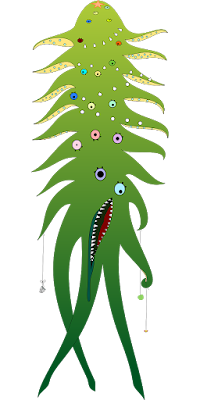 An elongated, multi-eyed, tentacled monster.