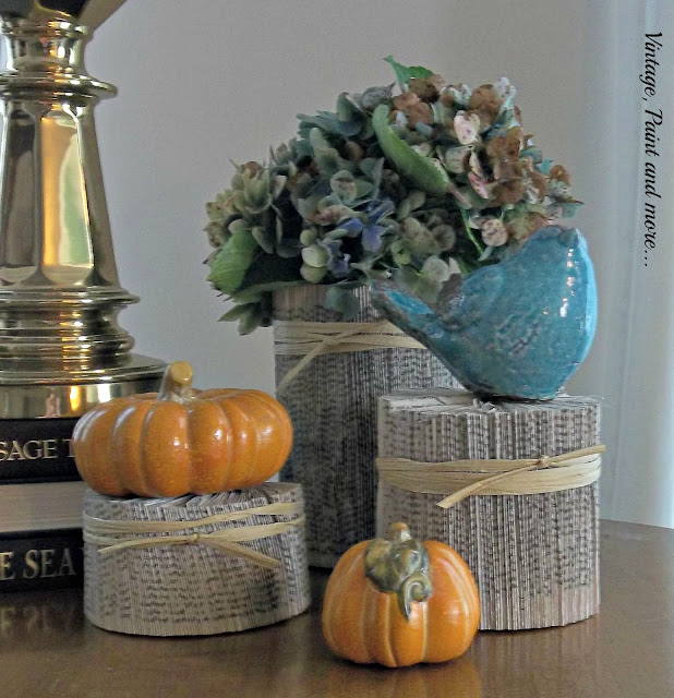 Vintage, Paint and more...book page columns, hydrangeas and pumpkins used in fall decor