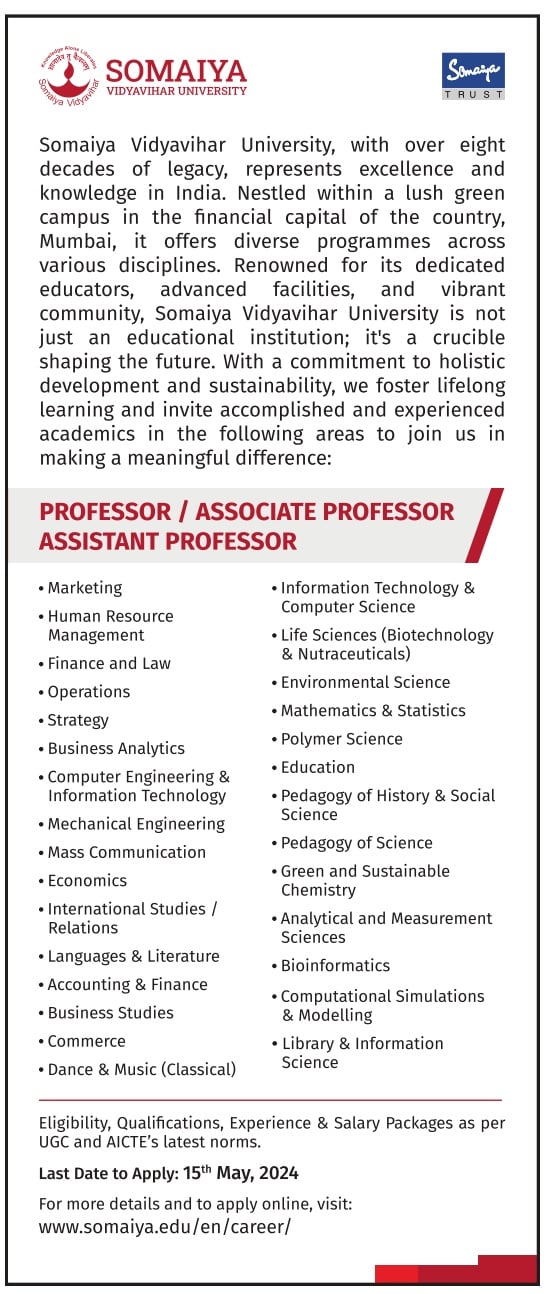 Somaiya University Mumbai Biotech Facuty Job Openings 