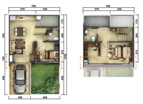 Denah rumah minimalis ukuran 7x11 meter 2 kamar tidur 2 lantai