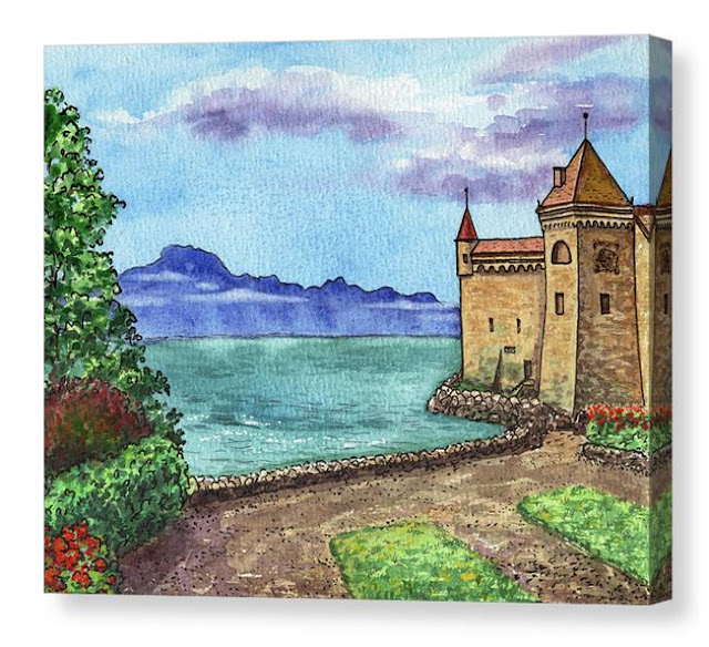 Chillon Castle Switzerland Watercolor Painting by Irina Sztukowski