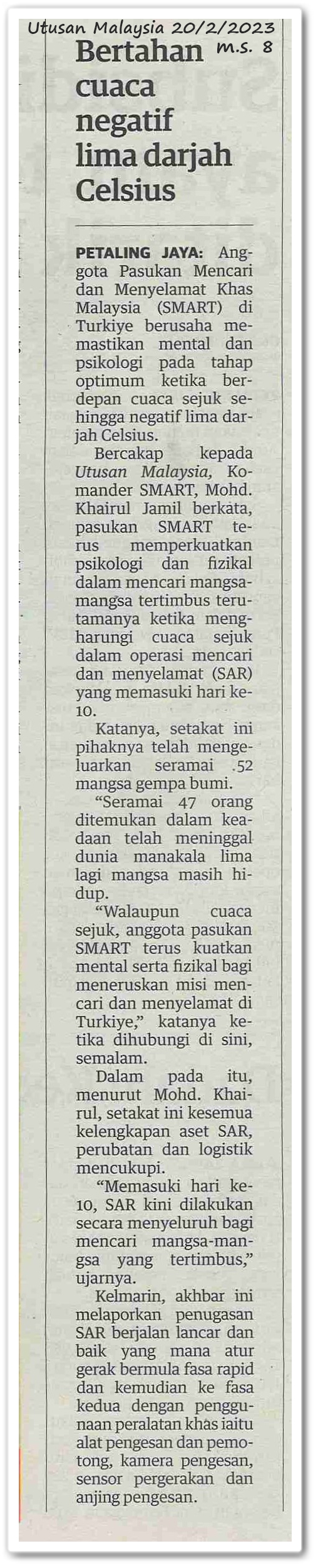 Bertahan cuaca negatif lima darjah Celsius - Keratan akhbar Utusan Malaysia 20 Februari 2023