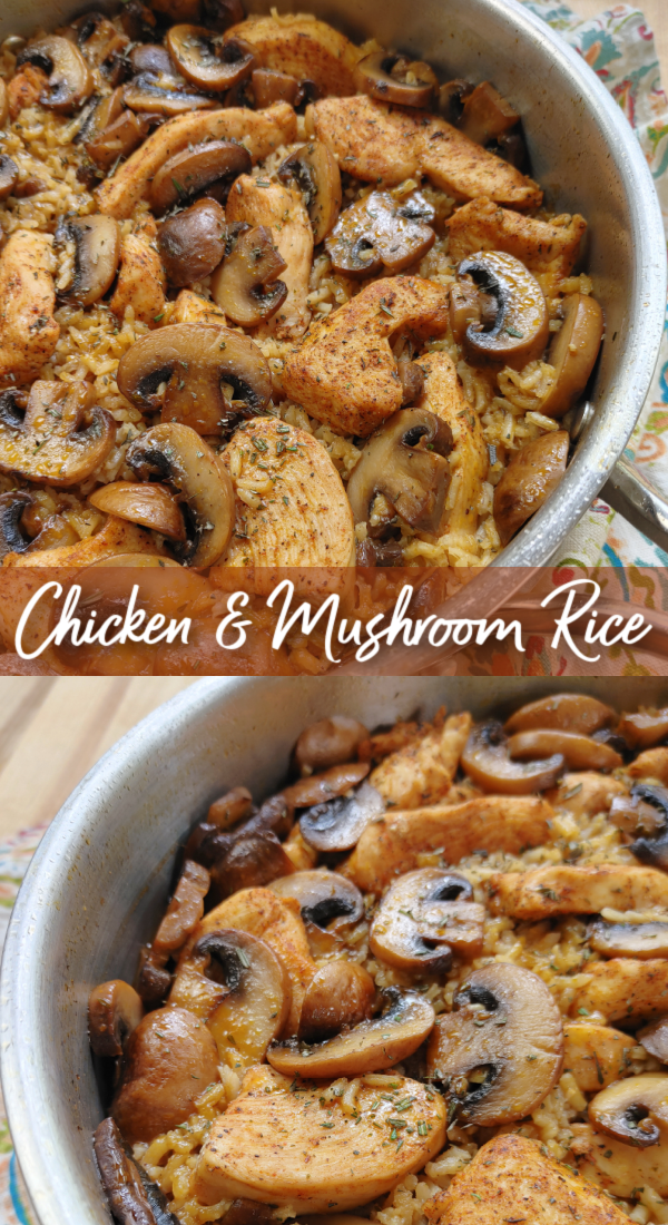 This is a two photo collage showing Chicken and Mushroom Rice in a skillet.